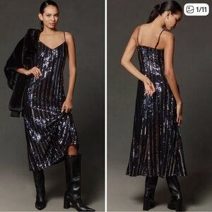 Anthropologie Maeve Sleeveless Striped Sequin Dress Midi